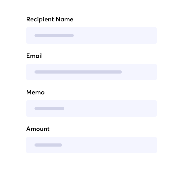 Enter recipient's name and email, the memo, and the payment amount