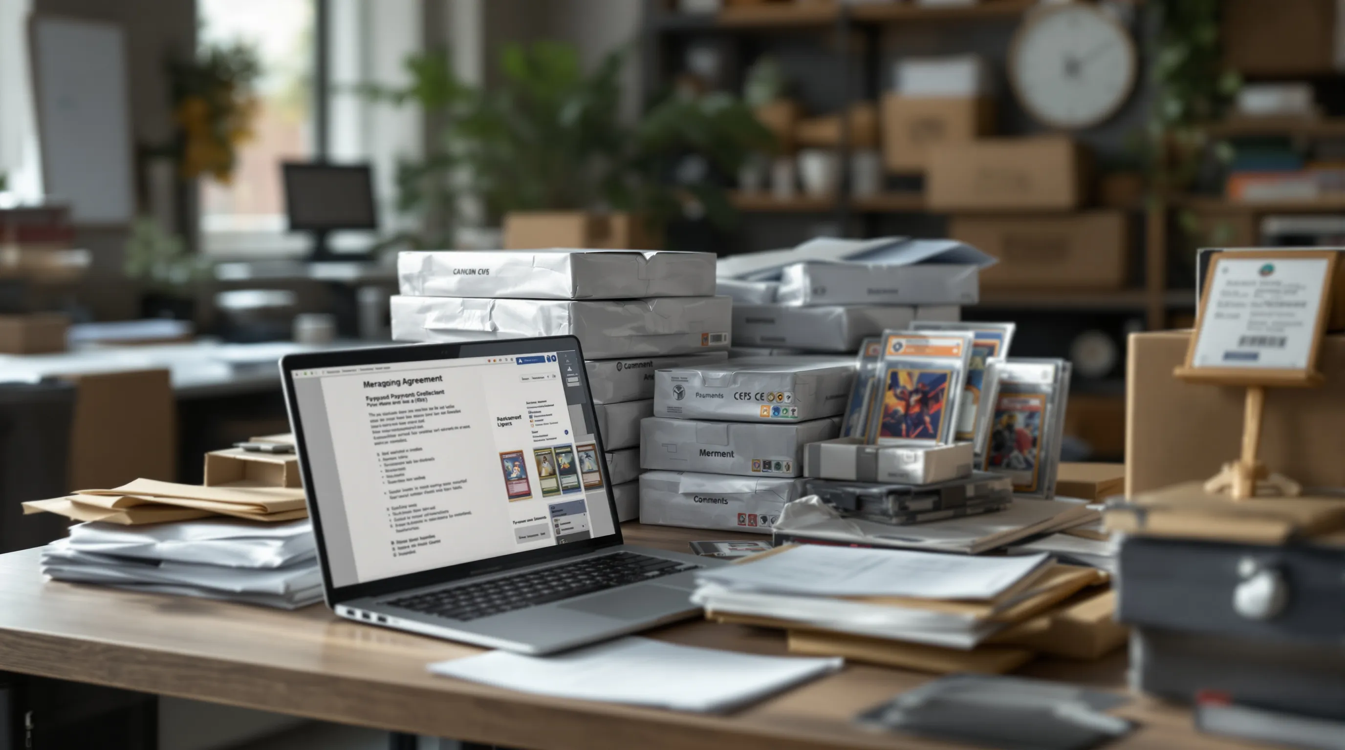 Sealed trading card boxes and outgoing mailers on a packing table beside a laptop and a printed merchant agreement