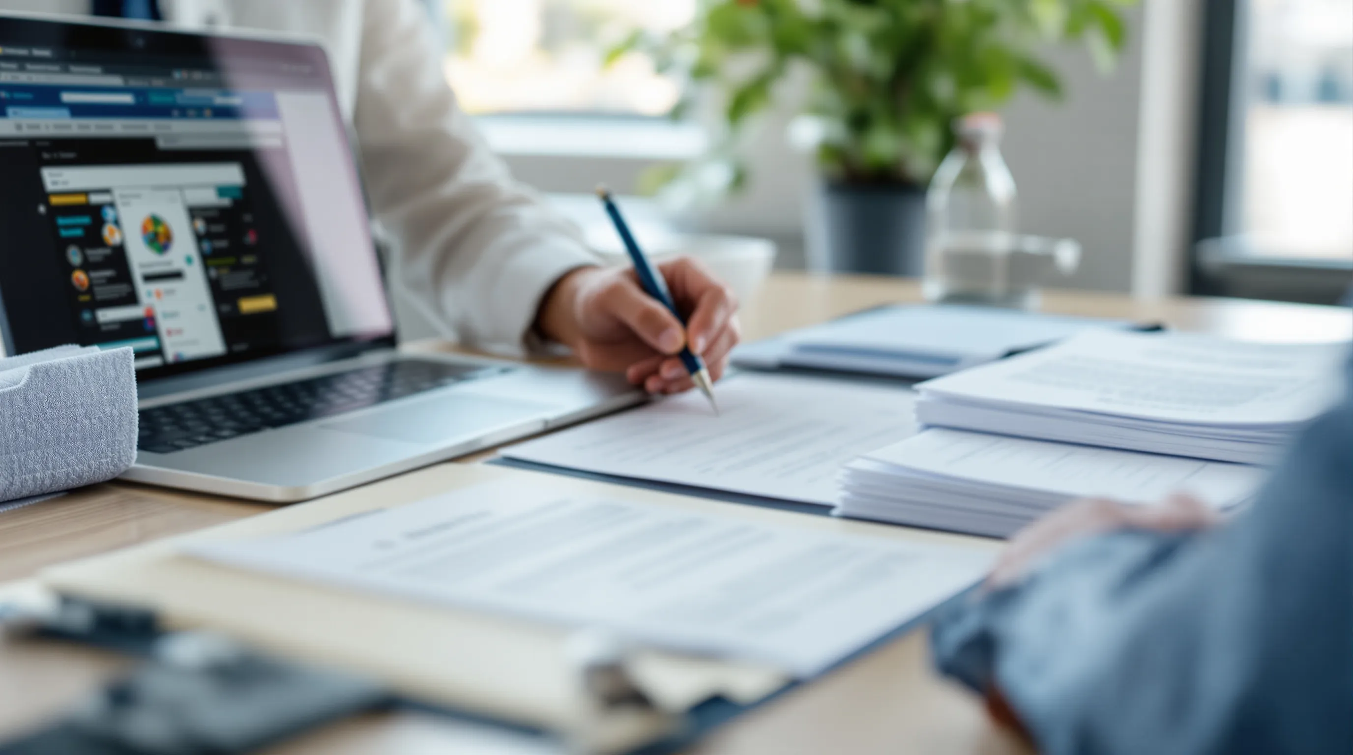Underwriter reviewing a high-risk merchant application folder with ownership documents and processing statements next to a laptop