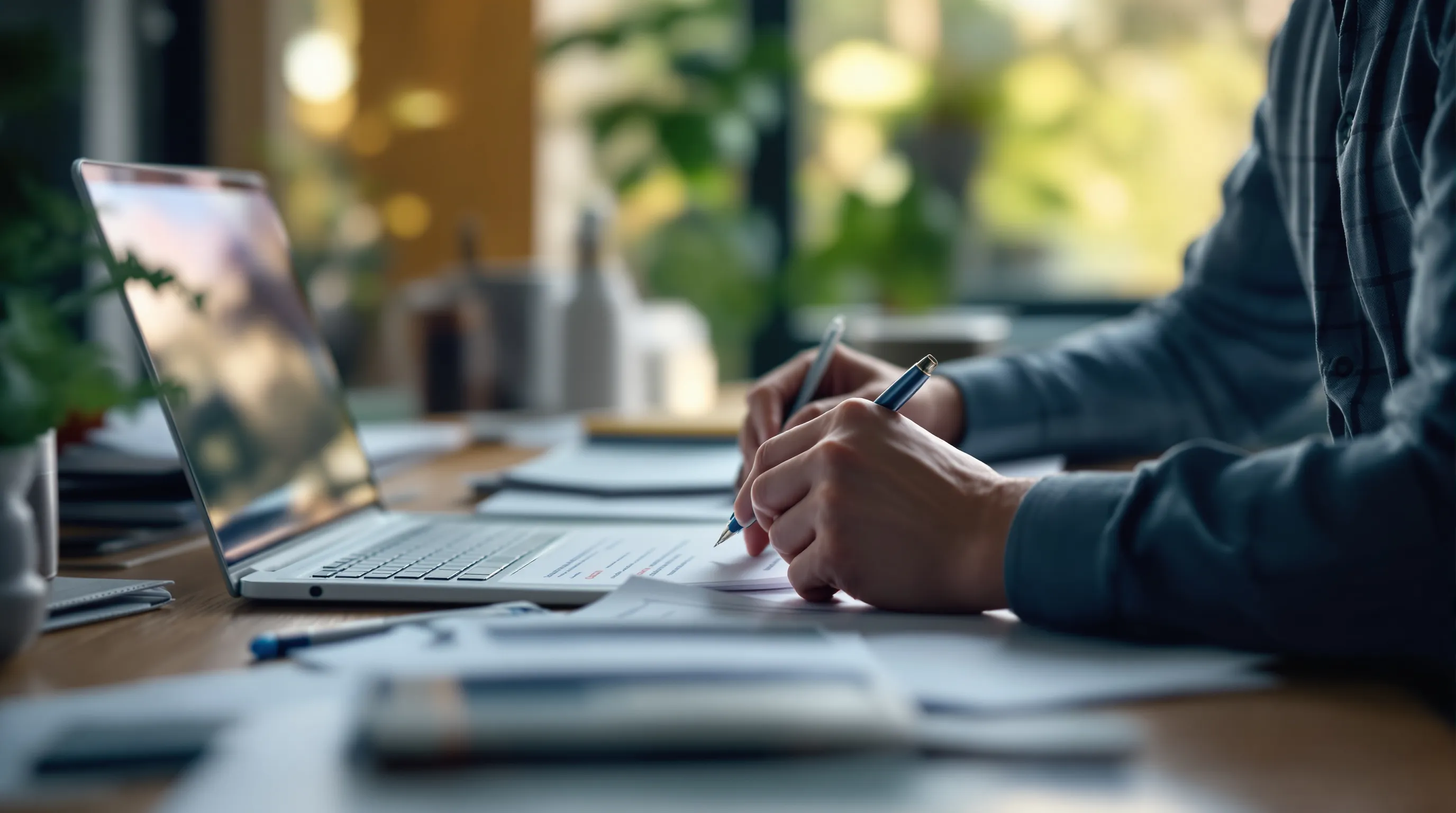 Operations manager reviewing a merchant acceptance agreement next to a laptop showing subscription renewal trends