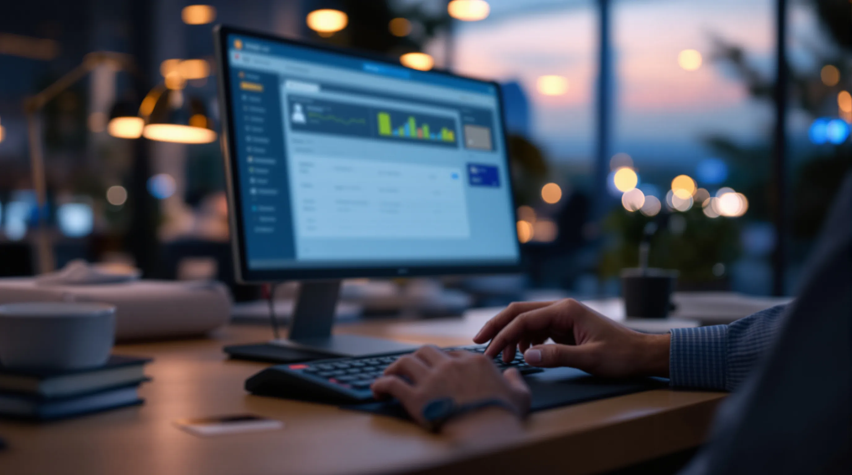 Payments analyst at a casino operations desk reviewing deposit and payout reconciliation screens beside a card terminal