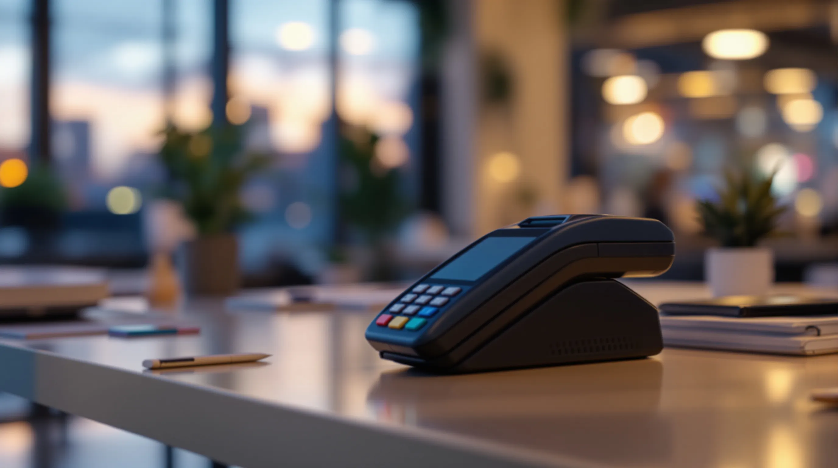 Card terminal, laptop with settlement charts, and a smartphone digital wallet on a payments operations desk