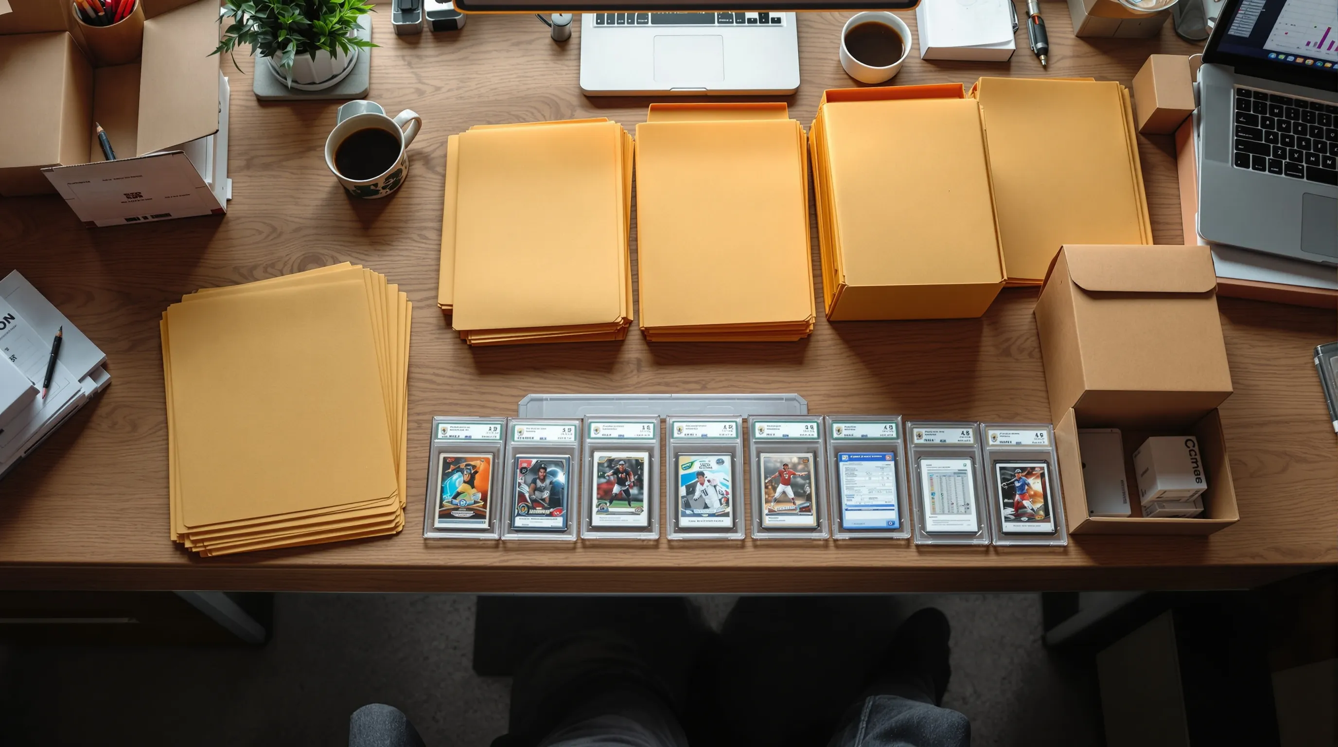 Six labeled document folders beside sealed trading card boxes and graded cards on a break studio desk