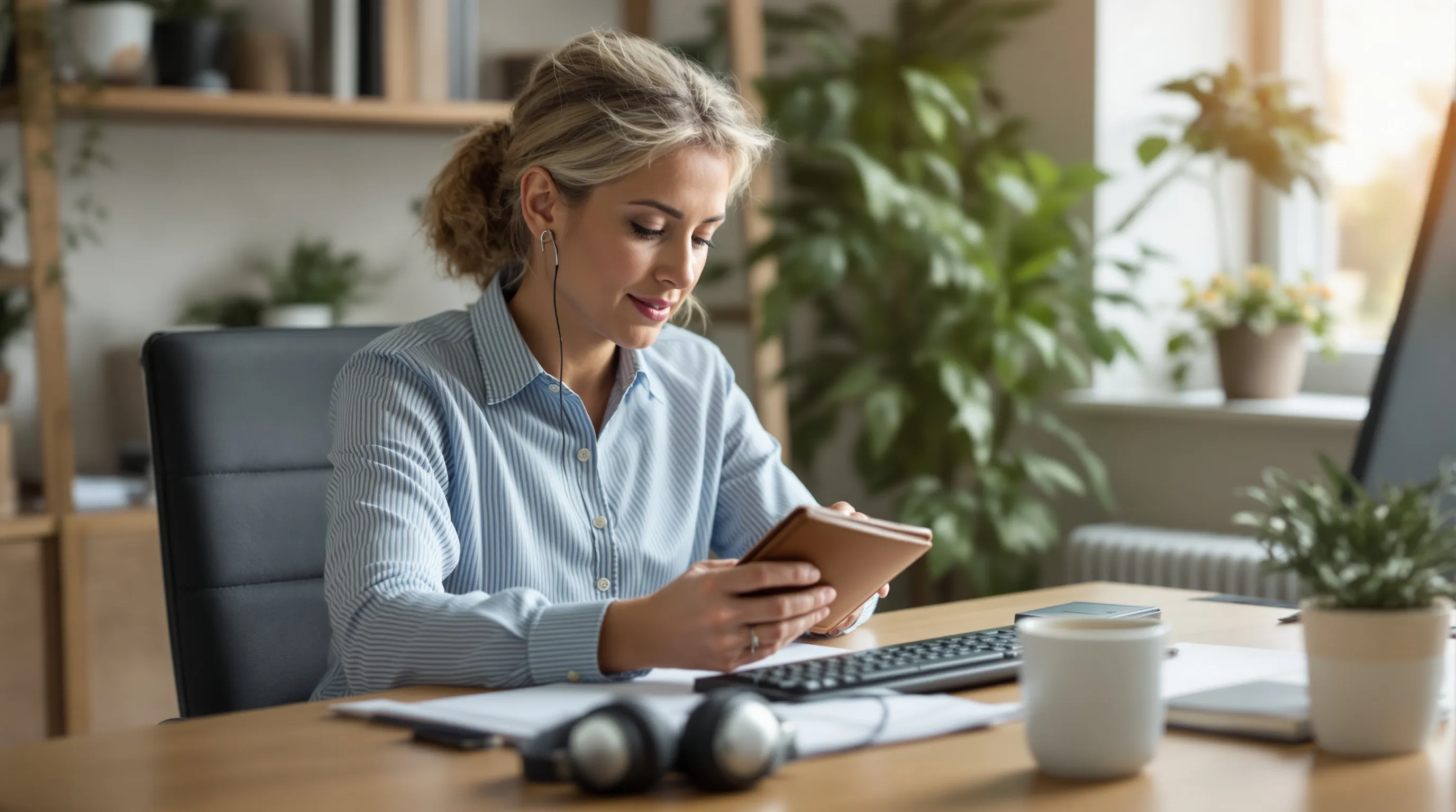 A billing coordinator at a small telehealth practice sits at a tidy wooden desk, calmly examining a worn leather wallet held in one hand, a video-call headset resting beside the keyboard, a small potted plant and a