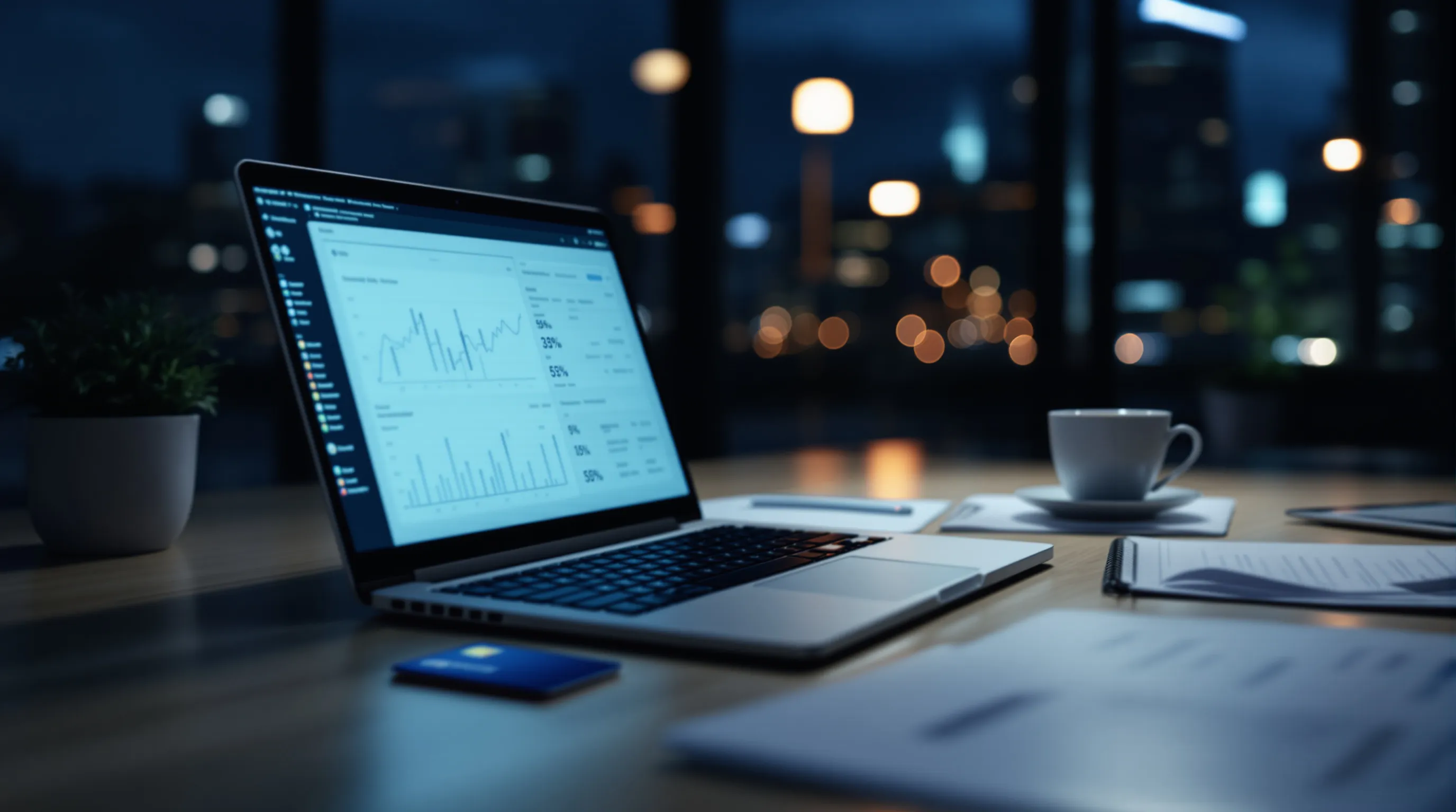 Payments operations desk late on a Friday night with a laptop showing a transaction dashboard and a credit card beside it