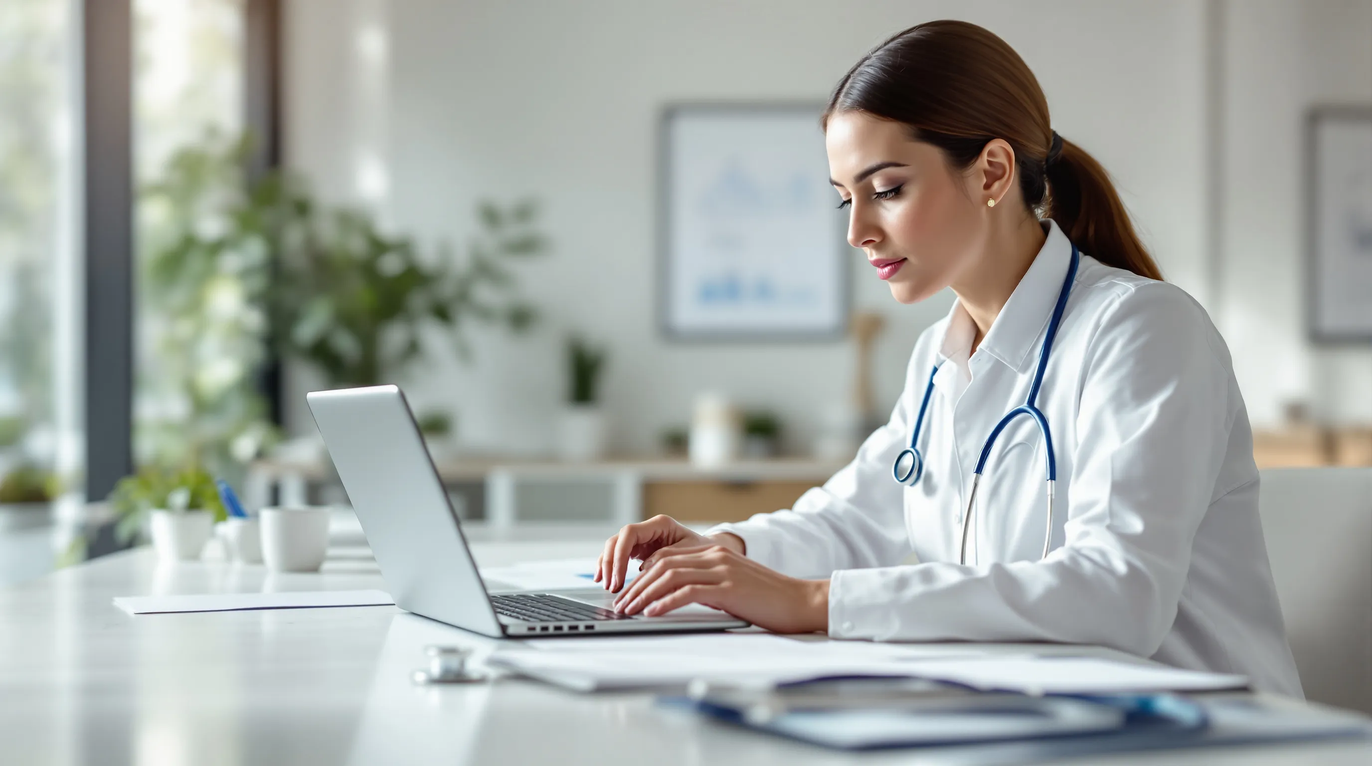 Telehealth provider reviewing payment processing rate documents at a clinical desk with a laptop and stethoscope