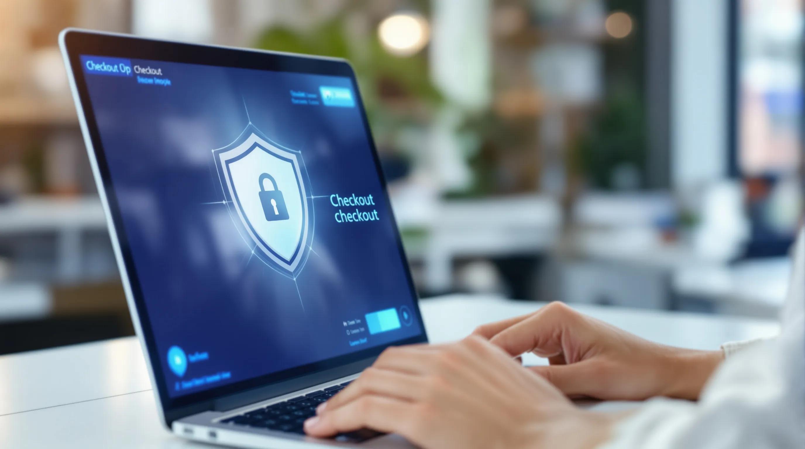 E-commerce checkout interface with security shield overlay representing chargeback protection for high-risk merchants