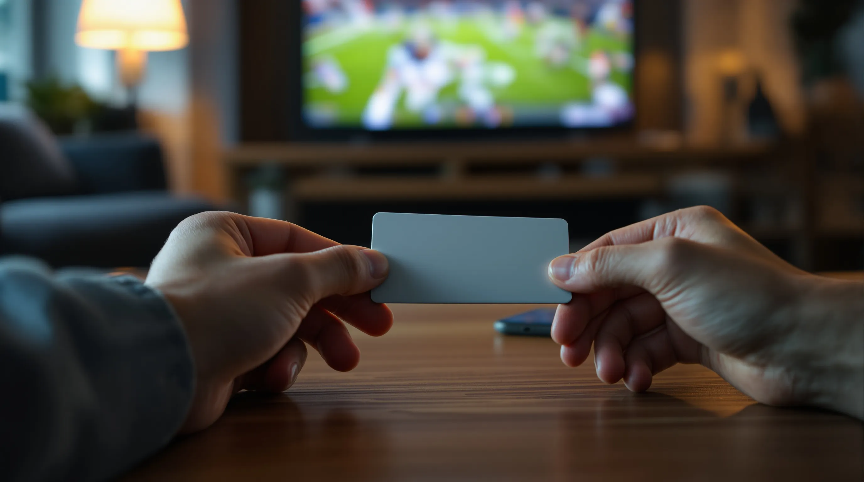 Hand holding a debit card next to a smartphone while a live sports game plays on a TV in the background